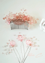 Дизайнерски комплект за коса с розови кристали -Гребен и фуркети серия Japanese Blossom